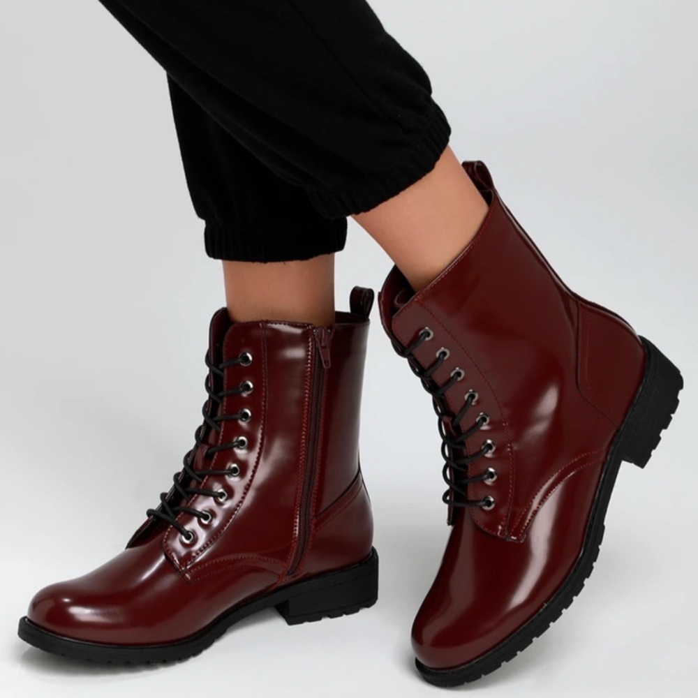 -Burgandy Lace Up Combat Boots
